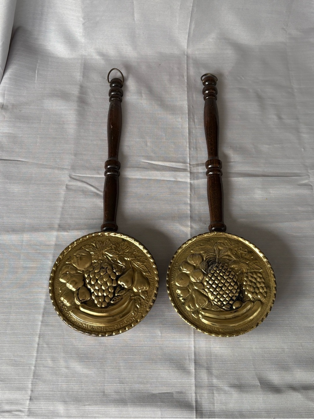 Vintage Decorative Brass Wall Pans with Wood Handles - Pair